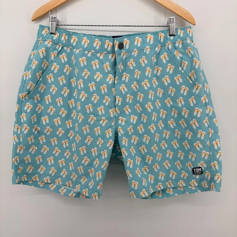 Tom & Teddy‎ Mens XL Swim Trunks Light Blue Flip Flop Print Mesh Lined Shorts